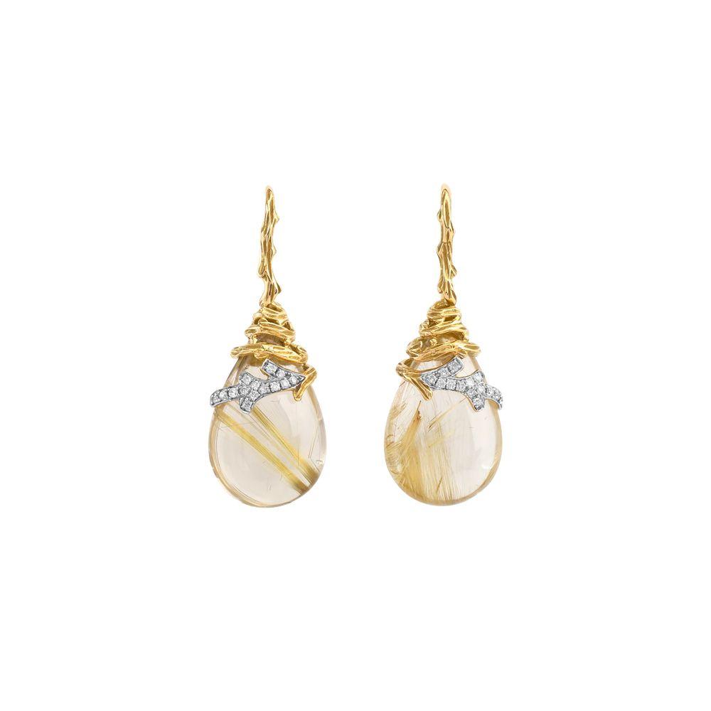 Michael Aram Enchanted Forest Twig Wrap Earrings w/ Rutilated Quartz &amp; Diamonds in 18K Yellow Gold