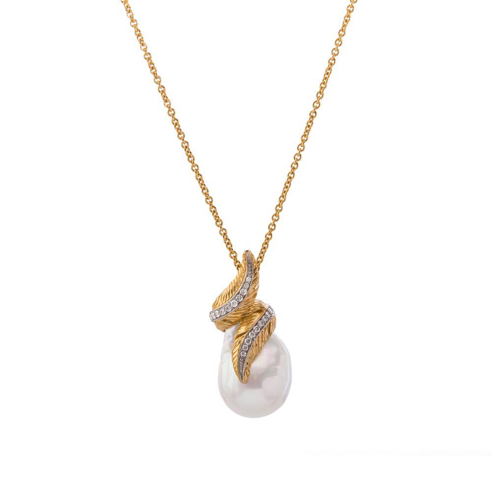 Michael Aram Feather Wrap Necklace w/ Pearl &amp; Diamonds in 18K Yellow Gold