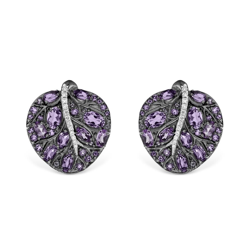 Michael Aram Botanical Leaf 25mm Earrings w/ Amethyst & Diamonds in Black Rhodium Sterling Silver & Sterling Silver