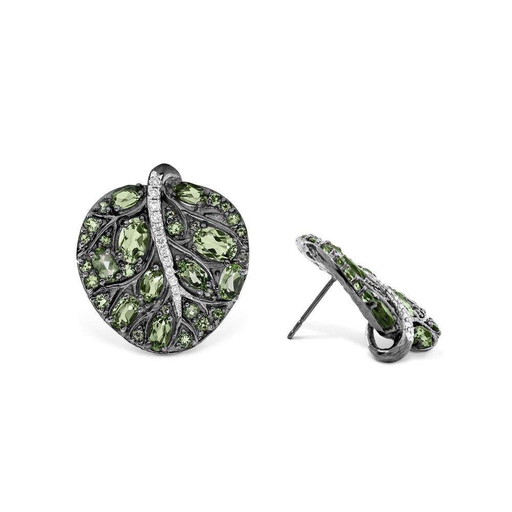 Michael Aram Botanical Leaf 25mm Earrings w/ Peridot & Diamonds in Black Rhodium Sterling Silver & Sterling Silver