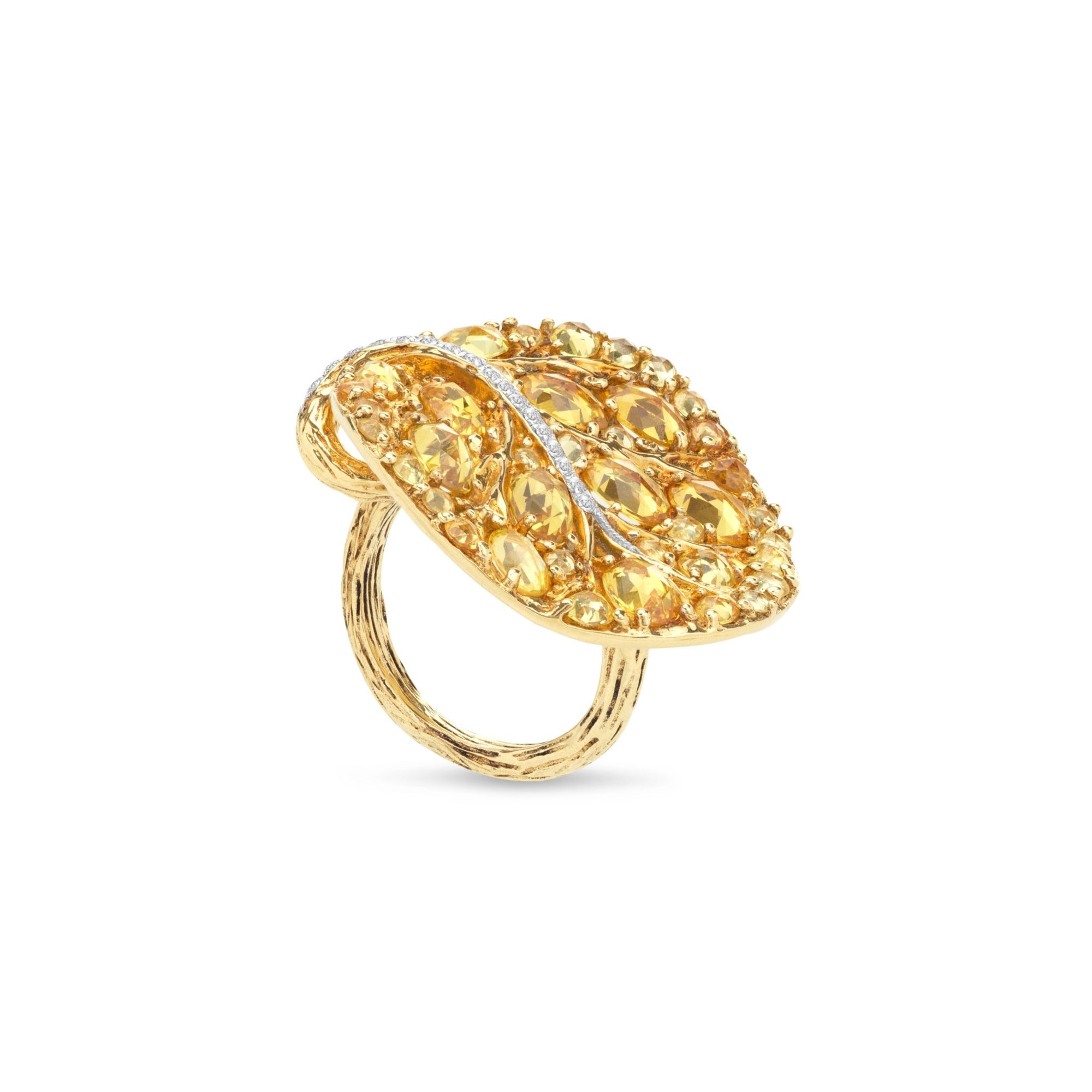 Michael Aram Botanical Leaf 31mm Ring w/ Yellow Sapphire & Diamonds In 18k Yellow Gold