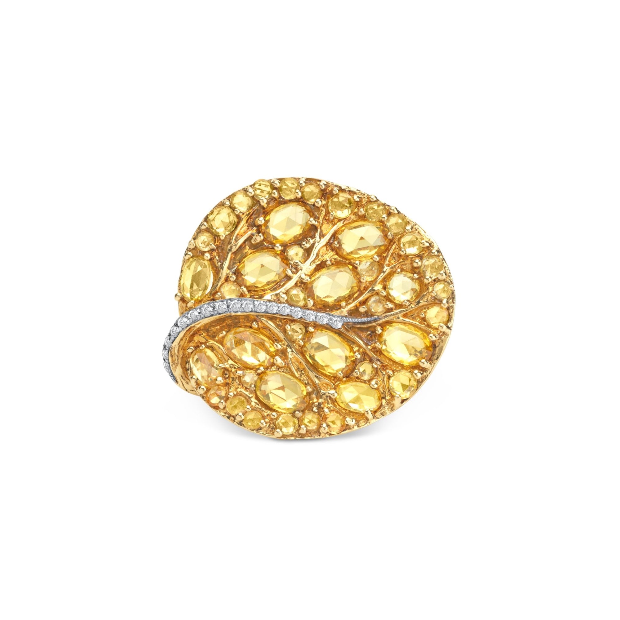 Michael Aram Botanical Leaf 31mm Ring w/ Yellow Sapphire & Diamonds In 18k Yellow Gold