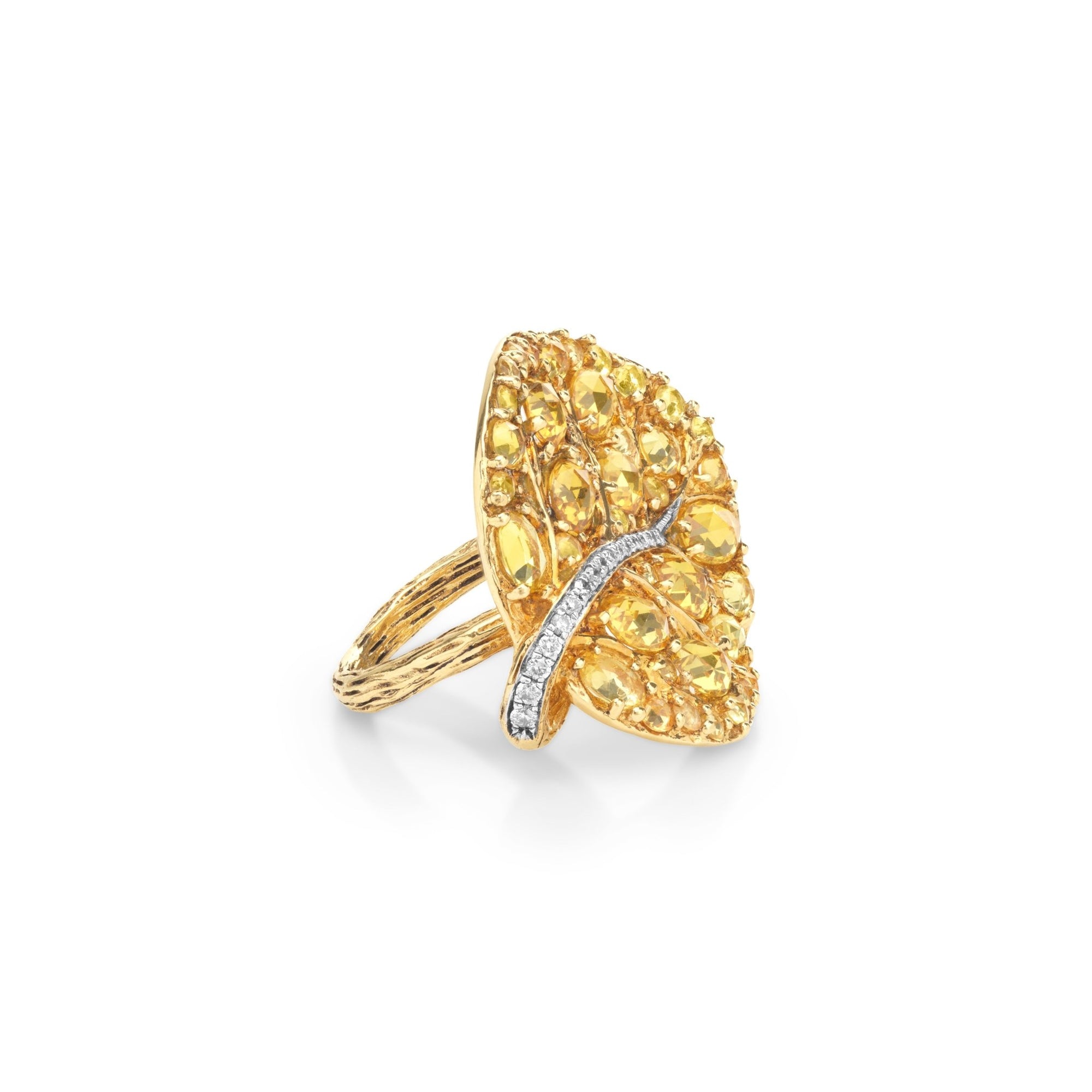 Michael Aram Botanical Leaf 31mm Ring w/ Yellow Sapphire & Diamonds In 18k Yellow Gold