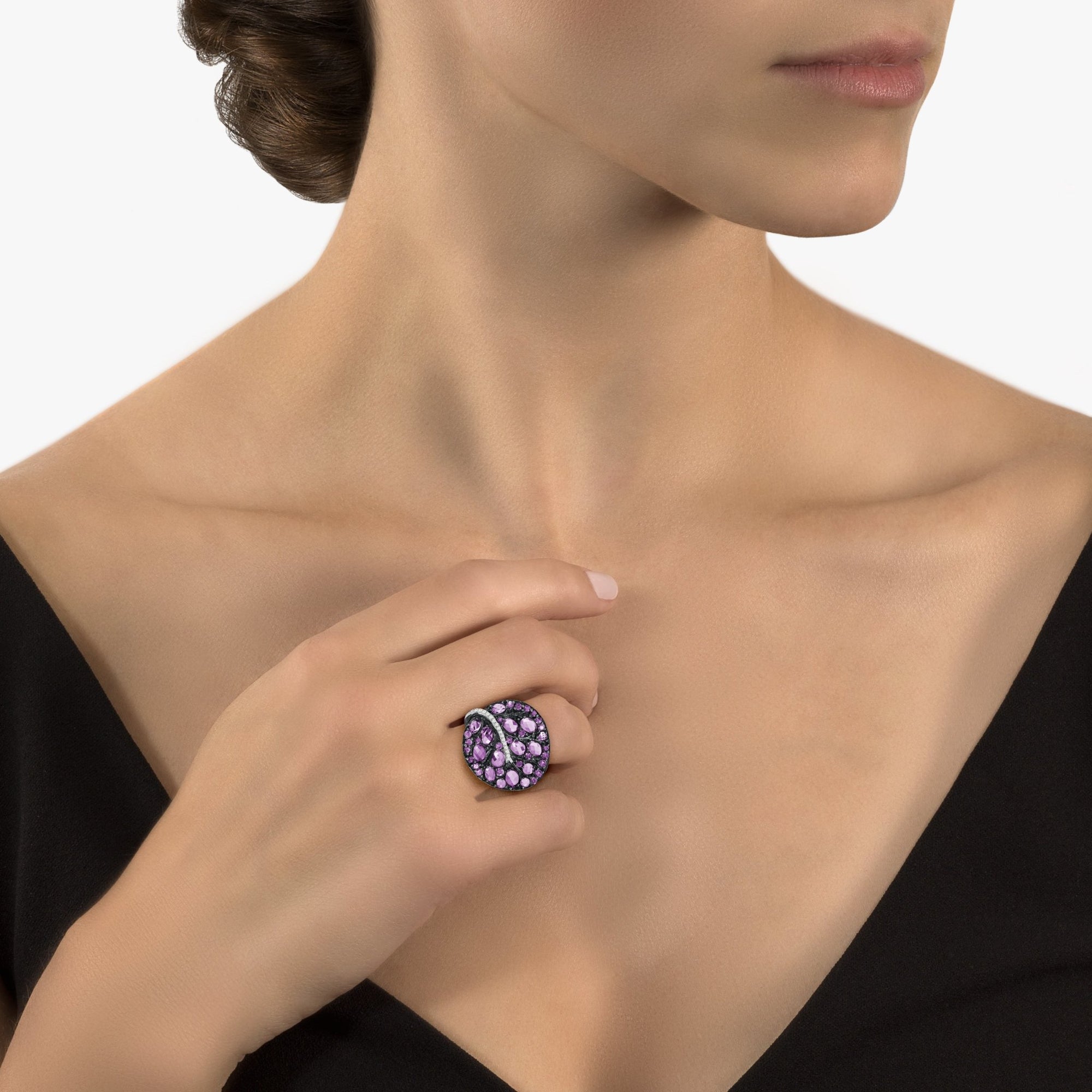 Michael Aram Botanical Leaf 31mm Ring with Amethyst and Diamonds