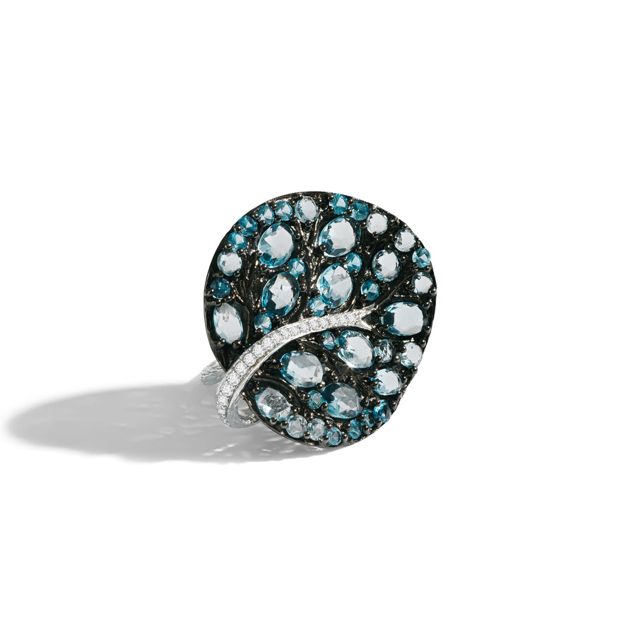 Michael Aram Botanical Leaf 31mm Ring with Blue Topaz and Diamonds