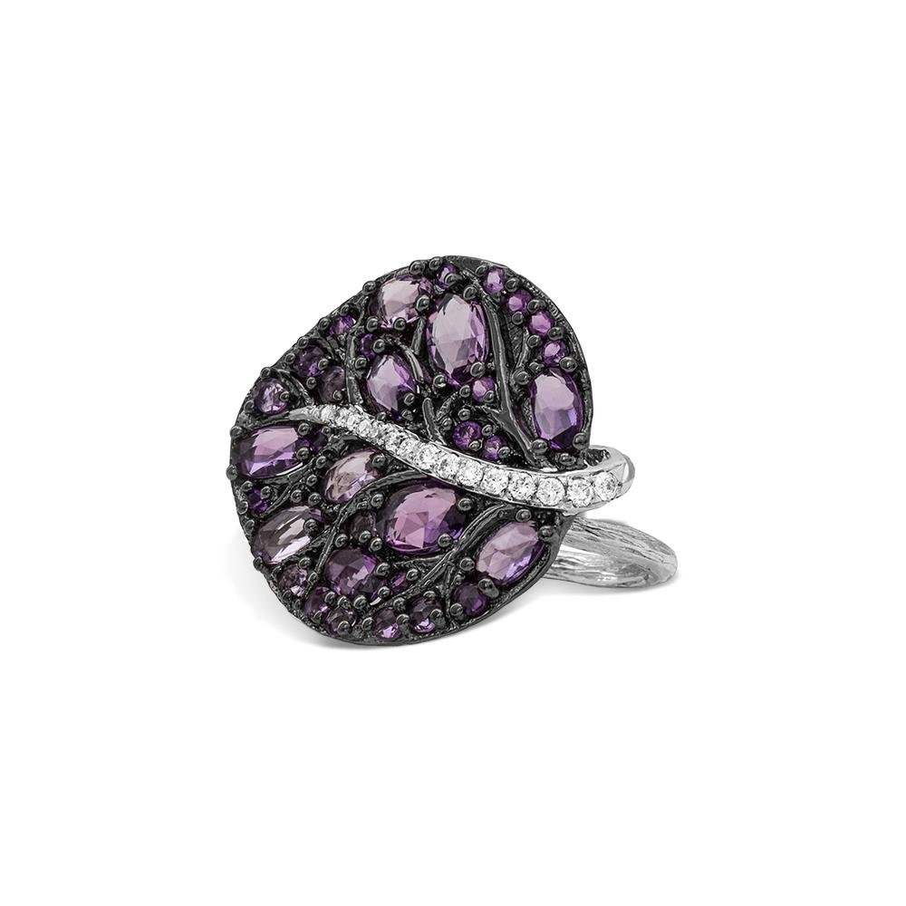 Michael Aram Botanical Leaf Small Ring w/ Amethyst & Diamonds In Black Rhodium Sterling Silver