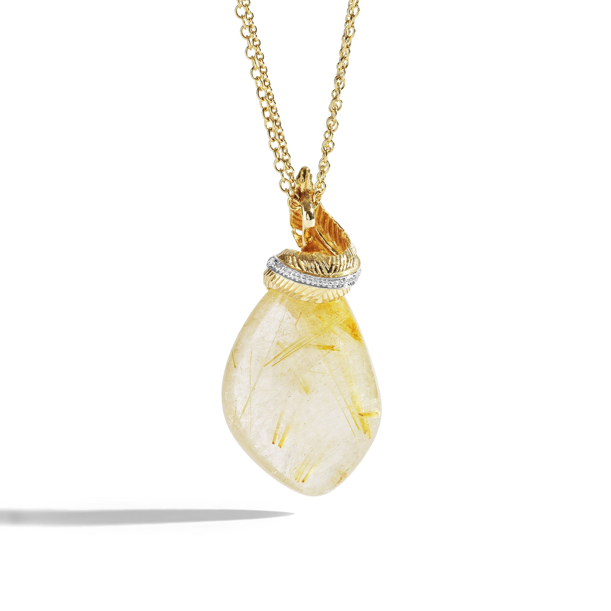 Michael Aram Feather Wrap Necklace w/ Rutilated Quartz & Diamonds in 18K Yellow Gold