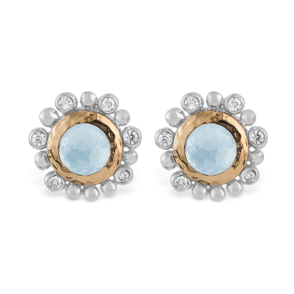 Michael Aram Molten 5mm Round Stud Earrings w/ Blue Topaz in 18K Yellow Gold & Sterling Silver