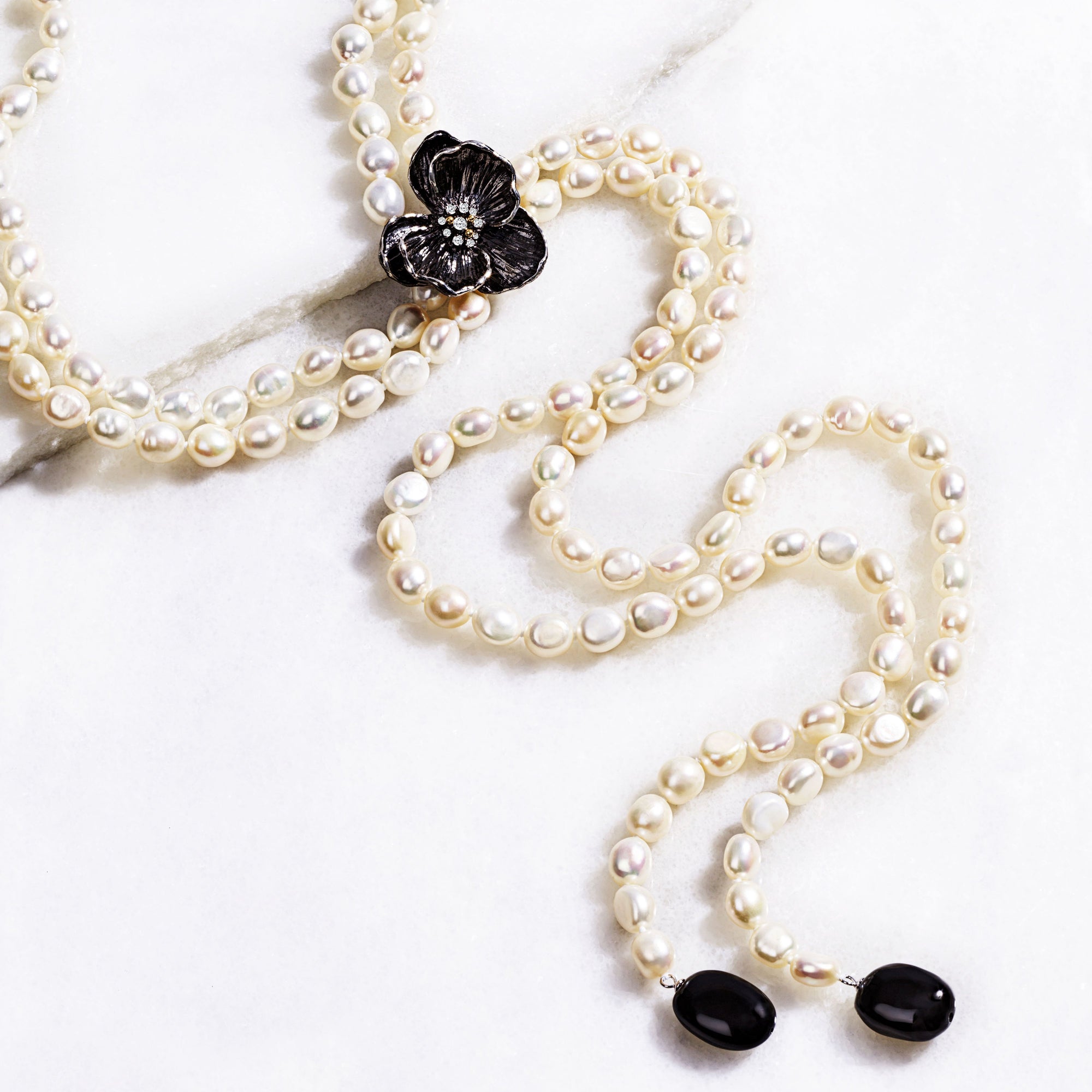 Michael Aram Orchid Lariat Necklace with Pearls, Black Onyx and Diamonds