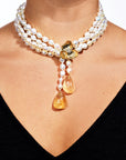 Michael Aram Orchid Lariat Necklace with Pearls, Rutilized Quartz and Diamonds