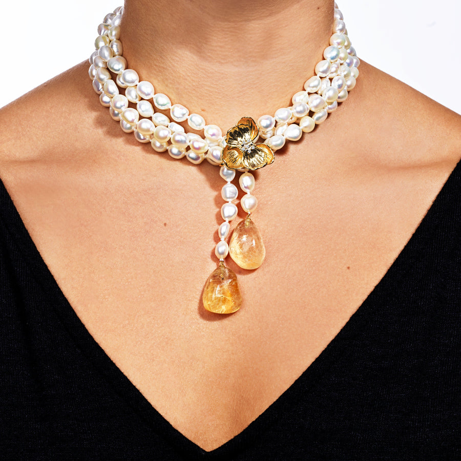Michael Aram Orchid Lariat Necklace with Pearls, Rutilized Quartz and Diamonds